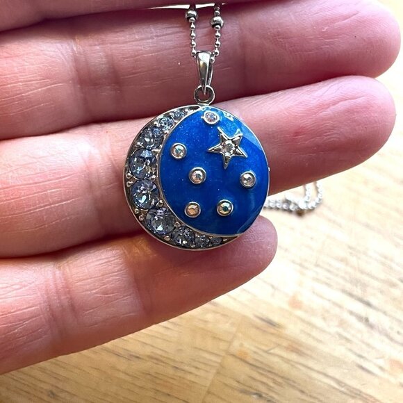 Celestial Stars Moons .925 Sterling Blue Enamel CZ Pendant Necklace 10" Drop - Picture 3 of 8